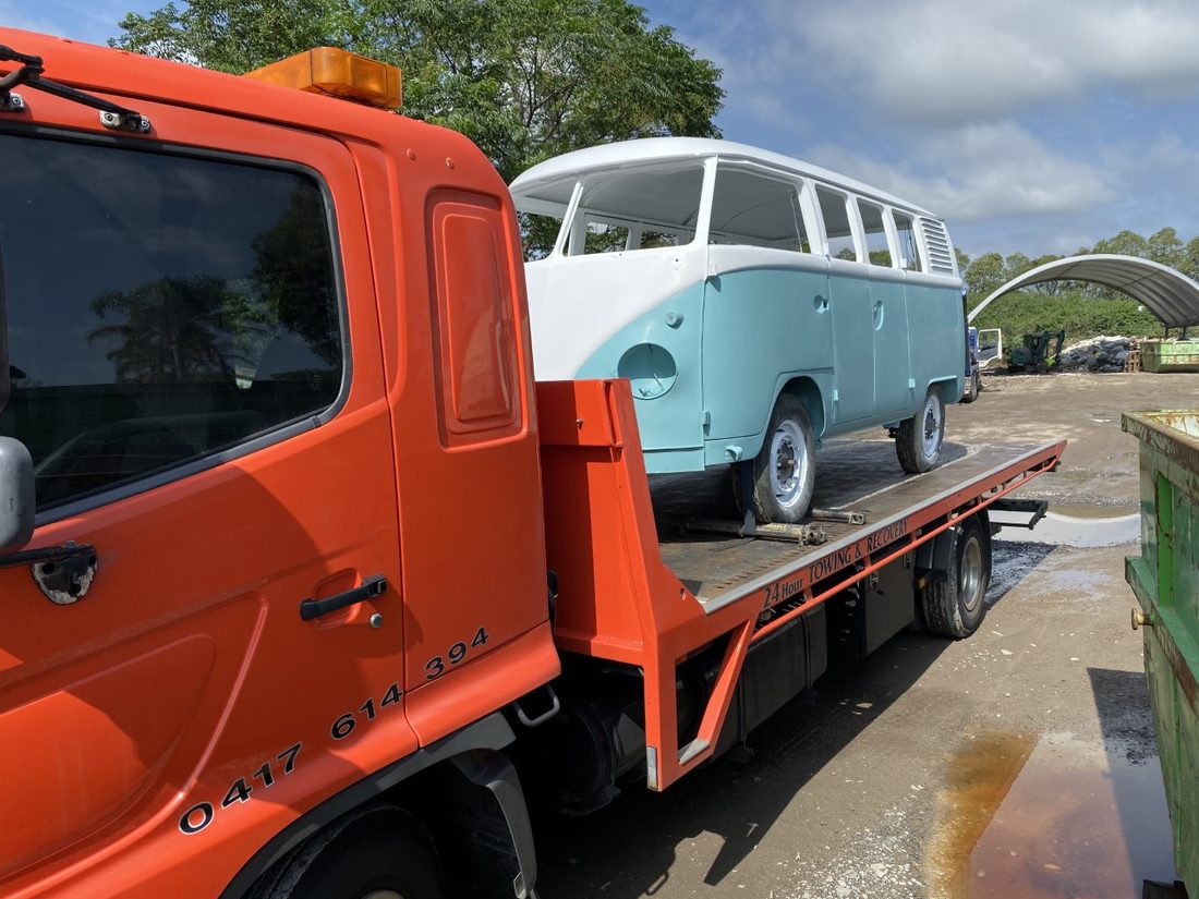 Restored Volkswagen Kombi loaded on the MTJ Towing tilt tray